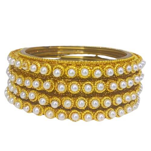 Regal Gold Pearl Embellished Bangle Set