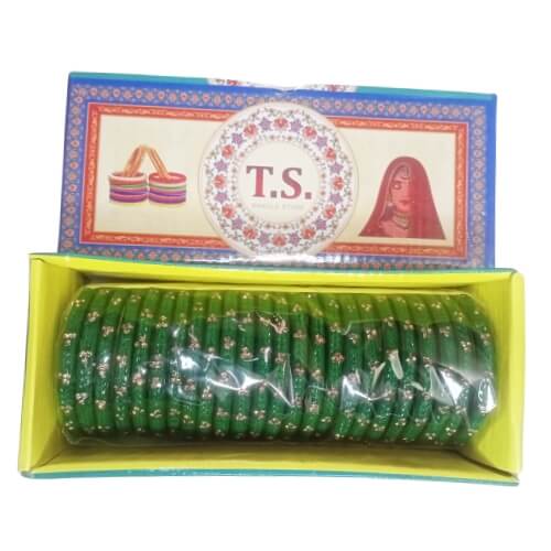 Paanbahar Golden Spark Green Glass Bangle Set